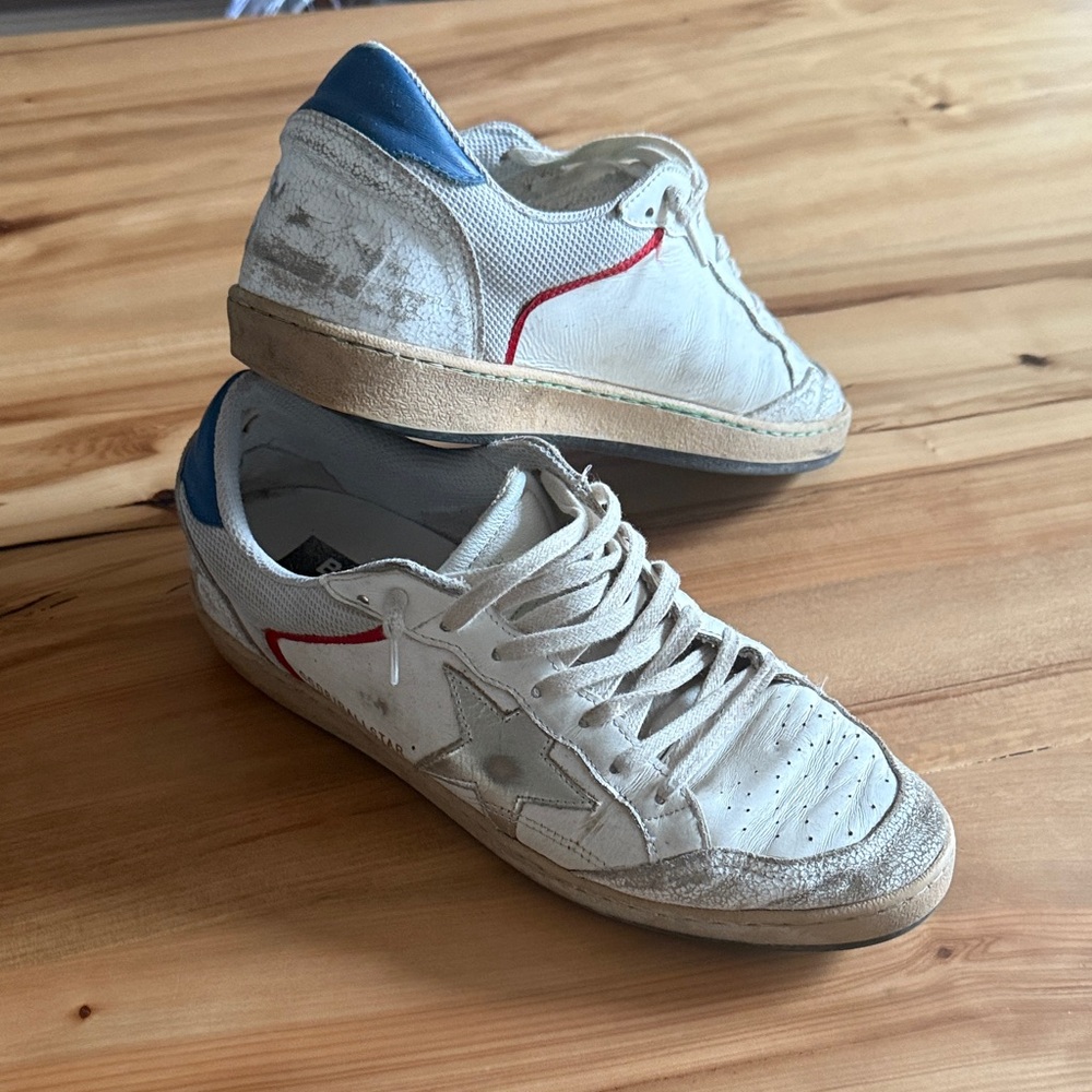 Golden Goose White Sneakers with Blue and Red Accents